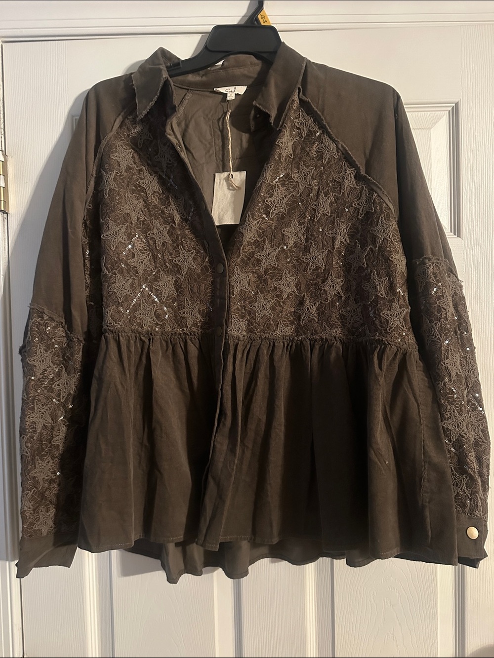 easel Brown Lace-Paneled Button Front Peplum Tunic